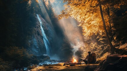 Fototapeta premium A camping scene with a waterfall in the background,