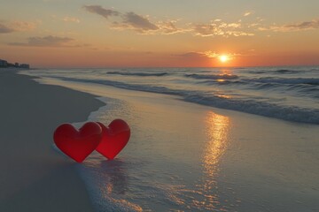 Fototapeta premium two red hearts on the beach, symbolizing love and romance for Valentine's Day celebration 