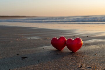 Fototapeta premium photo of two red hearts on the beach, symbolizing love and romance for Valentine's Day celebration 