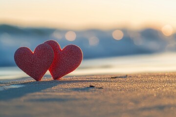 Fototapeta premium close-up of two red hearts on the beach, symbolizing love and romance for Valentine's Day celebration 