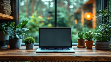 Serene Home Office Workspace with Laptop and Plants