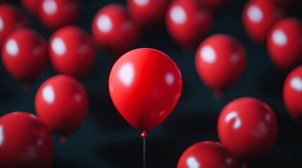 Single red balloon stands out from a crowd of identical red balloons on dark background.