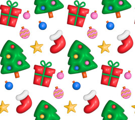Christmas seamless pattern with inflated 3D toys in y2k style. Christmas tree and sock, gift, stars with reflective plastic texture.