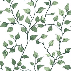 Seamless pattern of sage green vines gracefully sprawled across a crisp white background
