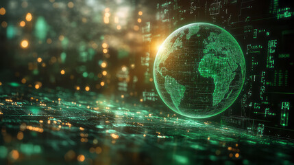 Fototapeta premium A luminous 3D hologram of a globe surrounded by mathematical equations and scientific symbols, radiating a soft green glow