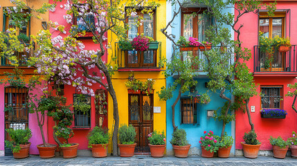 Fototapeta premium Vibrant Colorful Houses with Blooming Trees, Decorated Balconies and Potted Plants