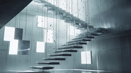 Fototapeta premium Futuristic glass staircase in a minimalist concrete building.