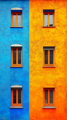 Fototapeta premium Vibrant Building Facade, Orange and Blue Walls with Orange Windows, showcasing Architectural Design and Color Contrast.
