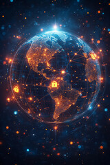 Obraz premium A futuristic holographic projection of a globe with interconnected trade routes and glowing icons for goods and currencies, 