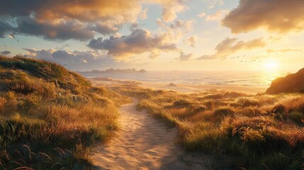 Sunset path through golden sand dunes.