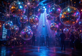 Sparkling disco balls in a vibrant dance party atmosphere.