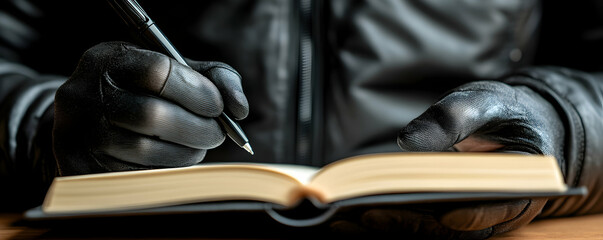 Gloved Hands Write in Book: Mysterious Note, Secret Diary, Confidential Document, Crime Scene Investigation,  Evidence Gathering, Carefully.