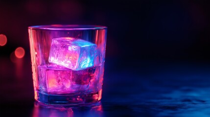 Colorful cocktail in a glass with ice, vibrant purple and blue hues, illuminated in neon lights, stylish and refreshing drink, perfect for a modern nightlife scene.