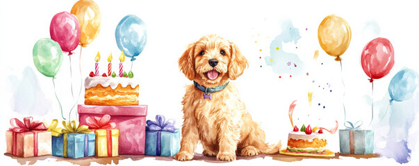 Obraz premium Adorable dog sitting beside stack of presents and birthday cakes, surrounded by colorful balloons, creating joyful celebration atmosphere