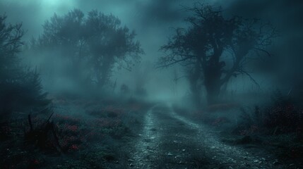 A dark forest with a road leading through it