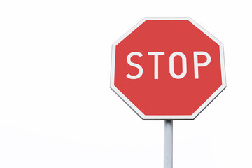 Obraz premium Stop sign cutout isolated on white background. Road traffic symbol representing safety and caution. Clear warning sign for halt and danger on the road. Single road sign octagon shape.