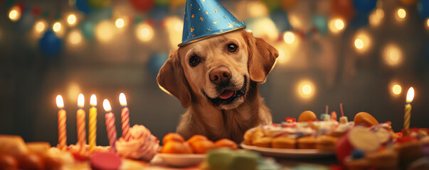 cheerful dog wearing blue party hat sits at festive table filled with colorful treats and birthday decorations, creating joyful celebration atmosphere