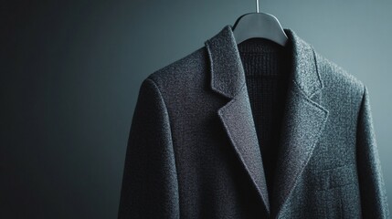 Grey tweed jacket and sweater hanging on hanger