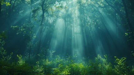 Obraz premium A forest with sunlight shining through the trees