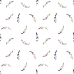 Watercolor seamless pattern with cute lavender flowers and green leaves isolated on white background.