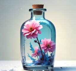 Illustration of transparent bottle with spring flower inside.