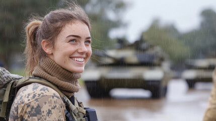 Australian woman wearing military uniform with tank troops on a rainy day