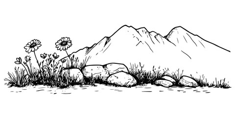 mountain landscape illustration with flowers and rocky foreground