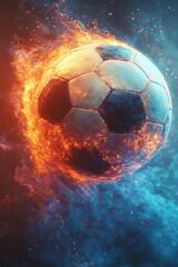 Fototapeta premium A holographic projection of a soccer ball spinning in mid-air, surrounded by glowing trails of light, displayed on a gradient blue background to symbolize teamwork and passion,