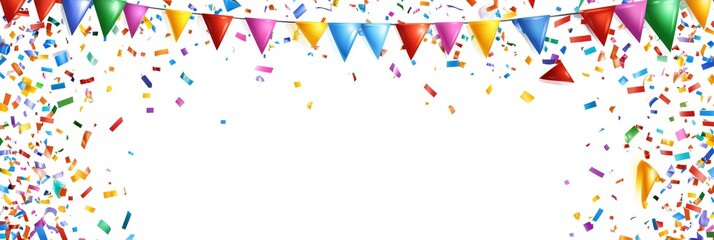 Festive Confetti Background With Colorful Party Flags On The Upper Edge And Empty White Copyspace