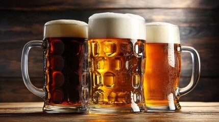 Four glassed of beer on wooden background