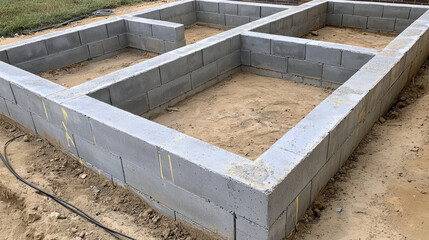 Concrete construction. Construction foundation with concrete blocks on sandy ground.
