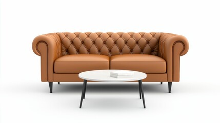 Fototapeta premium A stylish, tufted brown leather sofa paired with a modern white coffee table, creating an inviting living space.