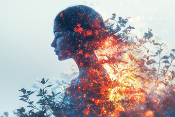 A glowing 3D hologram of a human silhouette with radiant skin, surrounded by floating floral patterns and glowing water droplets, set against a clean white background to symbolize purity and vitality,