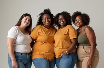 Group of women of different body sizes, happy and confident, posing against studio backdrop, showing support and body positivity