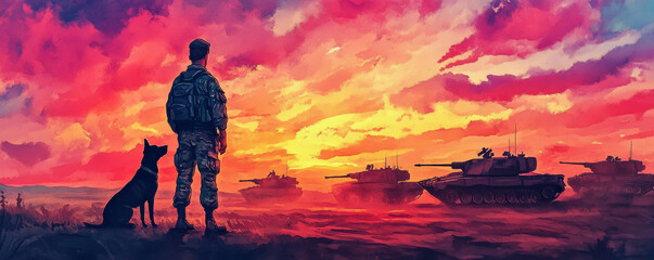 soldier stands beside loyal dog, gazing at military tanks under vibrant sunset sky. scene captures moment of camaraderie and reflection amidst dramatic landscape
