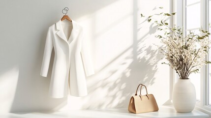 White coat hanging near window with flowers and handbag in modern minimalist style