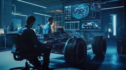 Engineers reviewing digital car chassis design.