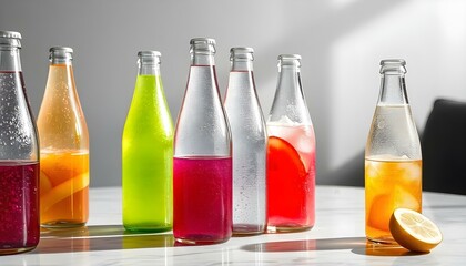 Colorful bottles of flavored sparkling water with condensation, arranged on a minimalist table, each featuring vibrant fruit flavors like raspberry, lime, and peach. Stock photography 32K, UHD, Ultra 