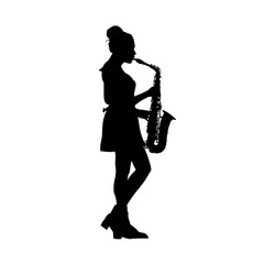 Naklejka premium Silhouette of young beautiful woman playing saxophone, saxophonist, jezzwoman - vector illustration, isolated