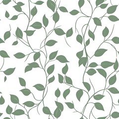 Seamless pattern of sage green vines gracefully sprawled across a crisp white background