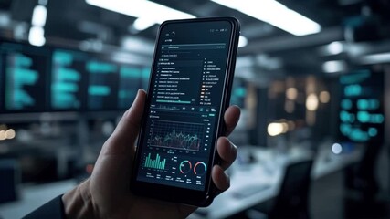 A detailed glimpse into advanced data analytics displayed on a smartphone in a sophisticated office setting showcasing impressive visuals