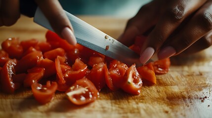 Hands expertly dicing fresh red tomatoes on a wooden board