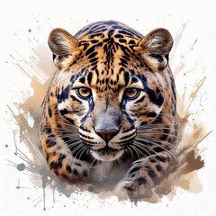 Fototapeta premium A stealthy clouded leopard stalking its prey, painted with sleek and curving brushstrokes to convey its predatory motion. The design is bold and dynamic, set against a clean white background
