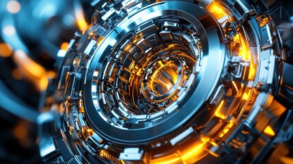 Abstract metallic gear mechanism with glowing orange core.