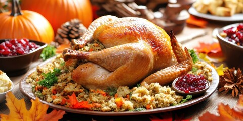 Roasted Turkey with Stuffing and Cranberry Sauce on a Plate with Fall Decorations