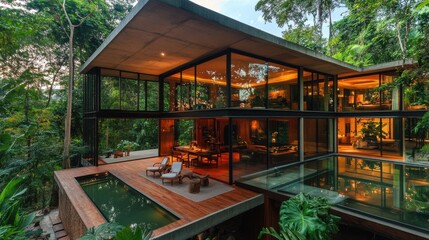 Obraz premium A hidden forest home featuring floor-to-ceiling glass walls,