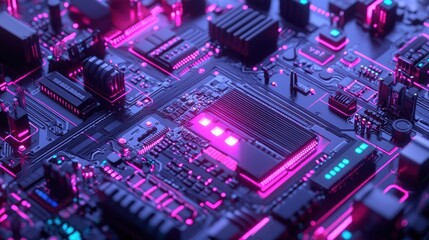 Futuristic circuit board with glowing components.