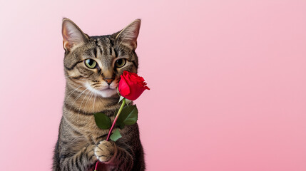 Obraz premium Cute cat holding red rose in its mouth for Valentine's day, studio copy space template for card or banner, adorable animal