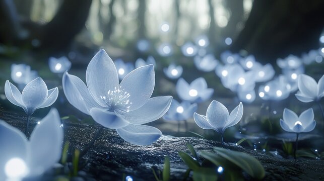 Glowing blue flowers in a dark forest.