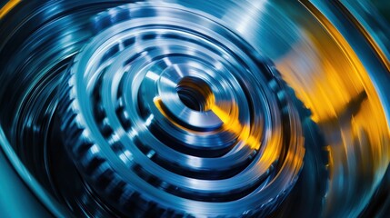 Abstract close-up of spinning metallic gears, blue and gold hues.
